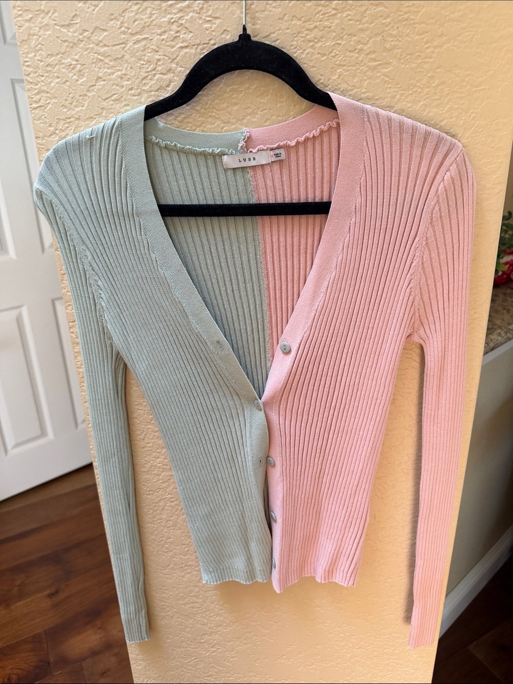 Lush Two-Tone Ribbed Button Cardigan - Pink & Light Green